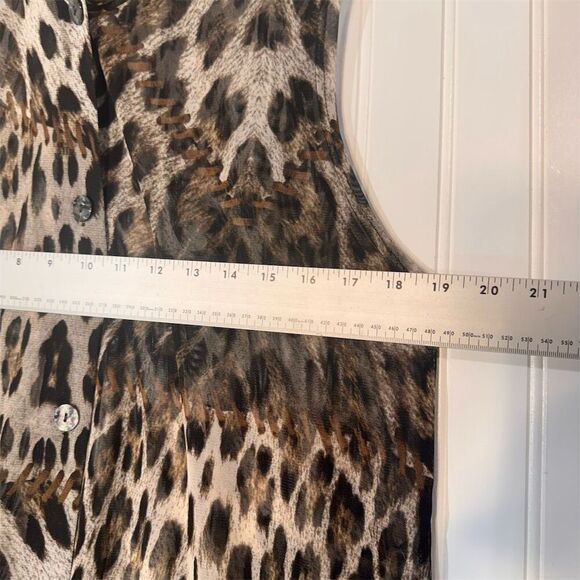 Damee Inc Leopard Print Sheer Sleeveless Ruffle Wire Neck Blouse L Y2K Glam - Picture 4 of 9